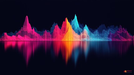 A vibrant audio waveform visualization featuring peaks in pink, blue, and orange against a dark background, reflecting sound dynamics and energy.