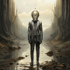 Fototapeta premium a man in a strict black suit standing against the backdrop of a gloomy, deserted landscape. Instead of a regular head, he has a futuristic-style helmet, 