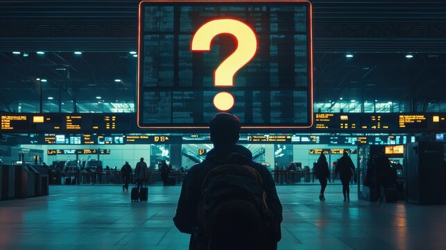 Travel Uncertainty at Busy Airport Terminal with Glowing Question Mark Display