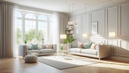 Obraz premium Modernes und einladendes Wohnzimmer im freundlichen Design