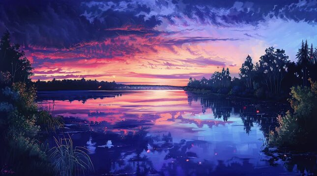 Tranquil lake reflecting a glowing sunset sky with vibrant colors  
Seamless looping 4k time-lapse virtual video animation Generated AI