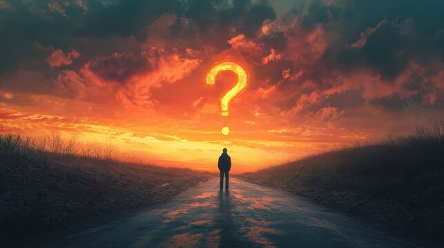 Symbolic Path Choices at Sunset - Life Decisions Illuminated by a Glowing Question Mark