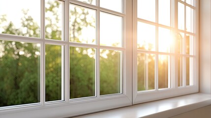 Close-up of a white bay window revealing reflections and soft light while featuring clean lines and a blurred backdrop of trees outside