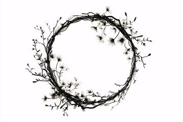 a minimalistic black and white floral wreath with delicate blossoms and branches forming an elegant circular frame on white
