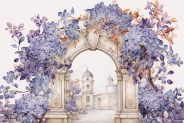 arch decorated with delicate flowers in lilac and blue shades.  