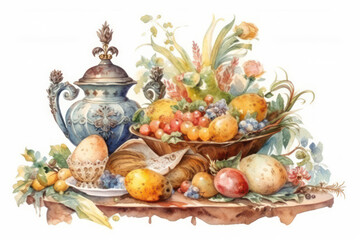 still life made in watercolor technique. The composition includes many fruits and berries laid out in a basket and on the table. In the center of the composition there is a decorative vase  