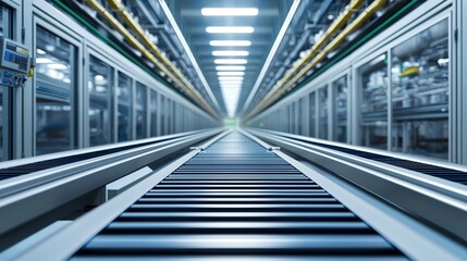 Obraz premium A futuristic conveyor system stretches into the distance, illuminated by bright lights, showcasing a clean and organized industrial environment.