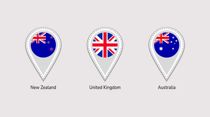 The United Kingdom, Australia, New Zealand flag map pins isolated icons vector illustration. countries location point, signs shapes. Official symbols stickers set with state name. UK markers badges.