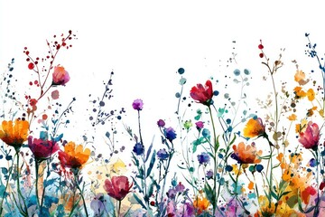 Colorful watercolor flowers in a vibrant garden, showcasing lively blooms of various shapes and sizes against a white background. Nature and beauty concept.