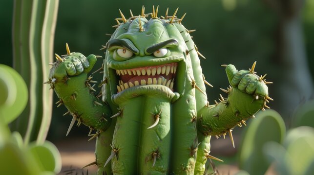 A 3D cartoon cactus with an angry expression, clenched fists, and spines, set in a desert environment. Great for animation, character design, or humorous content. AI generated.
