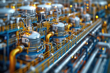 close-up of a modern industrial plant. Numerous metal tanks, pipes and structures are visible, interconnected by a complex network of pipelines and stairs. 