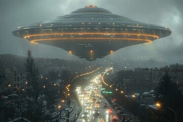 Alien Spacecraft Hovering Above a Busy Highway with Cars Below