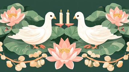 Two white doves flanking a candle between pink lotuses and green leaves on a dark green background.