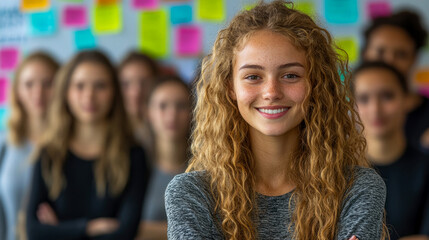 A young woman with curly hair smiles confidently in front of a group engaged in brainstorming, surrounded by vibrant sticky notes on the wall
