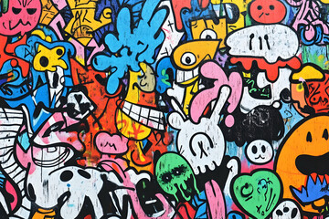 A vibrant graffiti mural bursts with whimsical characters and colors, energizing the urban scene