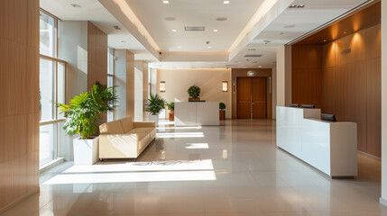 Fototapeta premium Bright and modern lobby area with natural light and greenery in a contemporary building