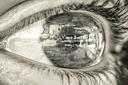 Digital data and code reflections in the eye, symbolizing machine learning or artificial intelligence technology concept. - Powered by Adobe