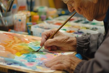 Elderly Resident Creating Watercolor Art in Nursing Home's Vibrant Studio