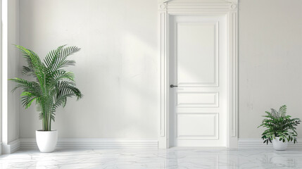Bright and welcoming indoor space with door and green plants in modern design