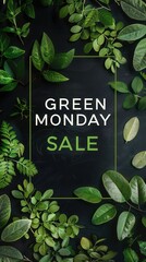 Simple discount banner with a "GREEN MONDAY SALE" text on a black background, decorated with green palm  leaves