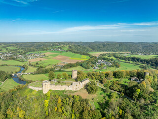 Aerial view of Blankenberg Stadt castle with round towersabove the Sieg river in Germany