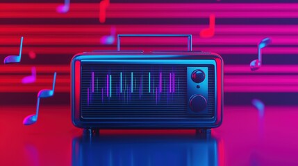 Obraz premium A retro-style radio emits vibrant colors and musical notes, set against a neon background, evoking a nostalgic and dynamic atmosphere.