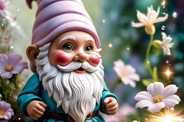 Obraz premium enchanting garden scene with detailed gnome in soft pastel tones for use in creative design or storybook projects