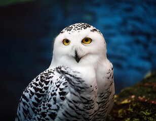 Fototapeta premium Snowy owl at water. White owl with yellow eyes. Bird of prey