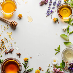 Flavored honey arrangement with herbs and flowers for creative culinary ideas