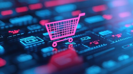 A glowing pink shopping cart icon overlaid on a dark, futuristic keyboard, symbolizing online shopping and digital commerce.