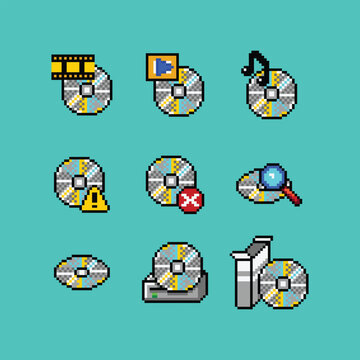 Vector pixel art retro computer compact disc icon set. Video, audio cd, warning, error, tray, installation setup disk shortcut, 8 bit icon asset on light background