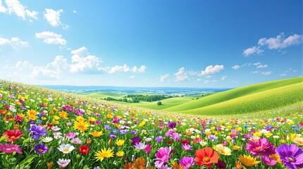 A lush green meadow with wildflowers blooming in every color of the rainbow, nature's beauty, sunny day