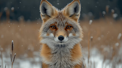 Obraz premium A fox stands alert in a snowy landscape, with snow gently falling around it and grass peeking through the snow, creating a serene winter atmosphere