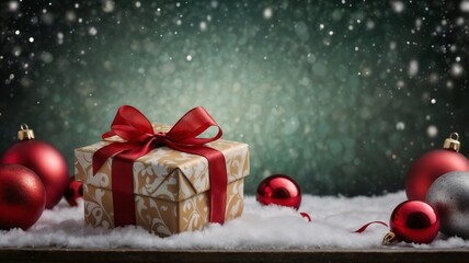 Christmas themed background featuring ornaments, a gift box with a red ribbon