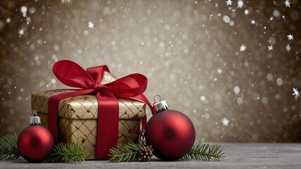 Christmas themed background featuring ornaments, a gift box with a red ribbon
