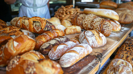 Variety of artisanal bread displayed at a local bakery market during daytime