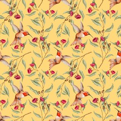 Tropical Hummingbird, eucalyptus with flowers seamless pattern on yellow background. Watercolor illustration for textile, fabric, wallpaper, card, packaging, party.
