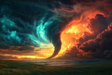 Fototapeta premium Dramatic tornado emerges under striking sunset sky, vibrant colors clash with ominous funnel cloud