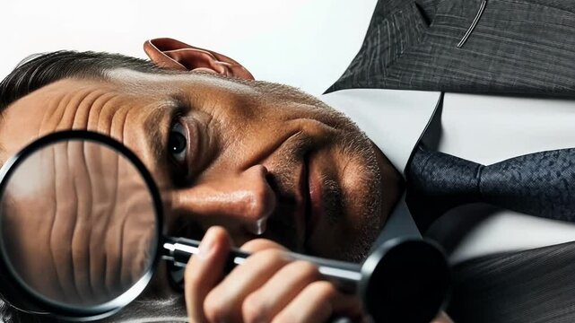 An inquisitive investigator in a sharp suit examines intriguing clues using a magnifying glass. This moment captures the essence of mystery and curiosity within a compelling narrative.