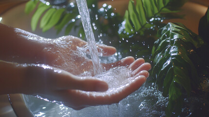 Fototapeta premium Pure Water Flowing Over Hands Lush Green Plants Cleanliness Refreshment