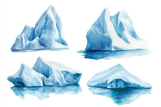Watercolor icebergs set isolated on the white background. Ice mountains. Glasier mass. Snow slides. 