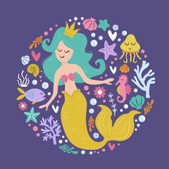 Round Princess Mermaid  illustration. Cute hand drawn underwater cartoon. Good for Poster or t-shirt textile graphic design.	