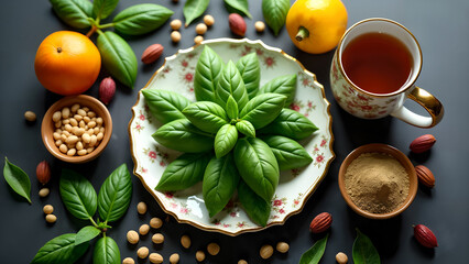 Colorful Basil Arrangement with Tea and Healthy Ingredients