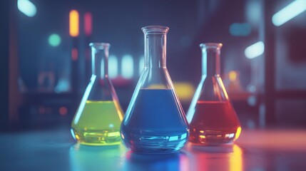 Three Erlenmeyer flasks with colorful liquids on a lab table.
