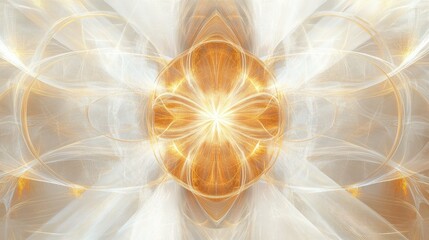 An abstract background with a glowing central halo in warm tones of gold, amber, and soft white. Radiating lines and subtle gradients create a luminous, celestial effect, evoking a sense of light 