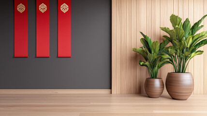 Background of Business Chinese New Year Theme, Bright red banners and lush plants create festive atmosphere