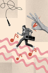 Vertical collage picture young man hipster audio boombox note melody stereo music song meloman party microphone karaoke entertainment
