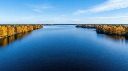A breathtaking aerial perspective showcases a tranquil lake amidst vibrant autumn trees, highlighting the beauty of the Swedish wilderness