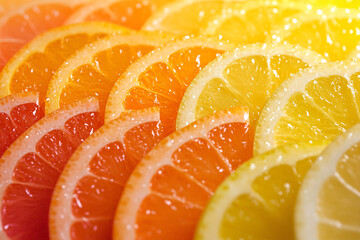 a vibrant arrangement of citrus slices in a gradient of yellow orange and red tones with water droplets evoking freshness and flavor
