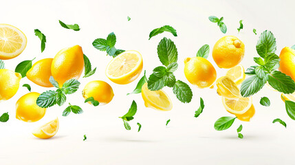 Fresh lemons and mint leaves flying against a white background.